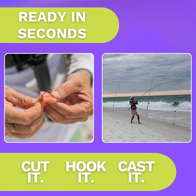 FishGum Surf Fishing Bait Strips for Saltwater Beach Fishing – Real Shrimp, Crab, Clam & Sand Flea Infused Scent – Artificial Cut Bait for Pompano, Redfish & Flounder