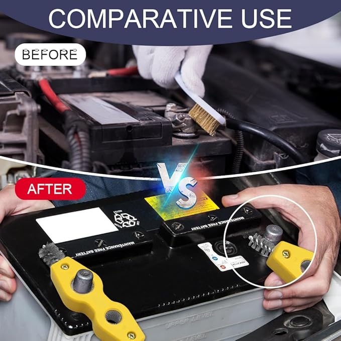 Car Battery Terminal Cleaning Brush, 4 in 1 Auto Battery Terminal Cleaning Tools, Copper Pipes Cleaner Brush Tool, Universal Battery Terminals Machine Parts Cleaning Tool (Yellow, 2PCS)