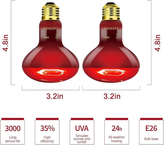 Infrared Heat Lamp 100W,（2 Pack） Reptile Heat Emitter Infrared Basking Spot Light, Reptile Pets Brooder Use,Red Heat Lamp for Chickens、Lizards、Snakes、Turtles