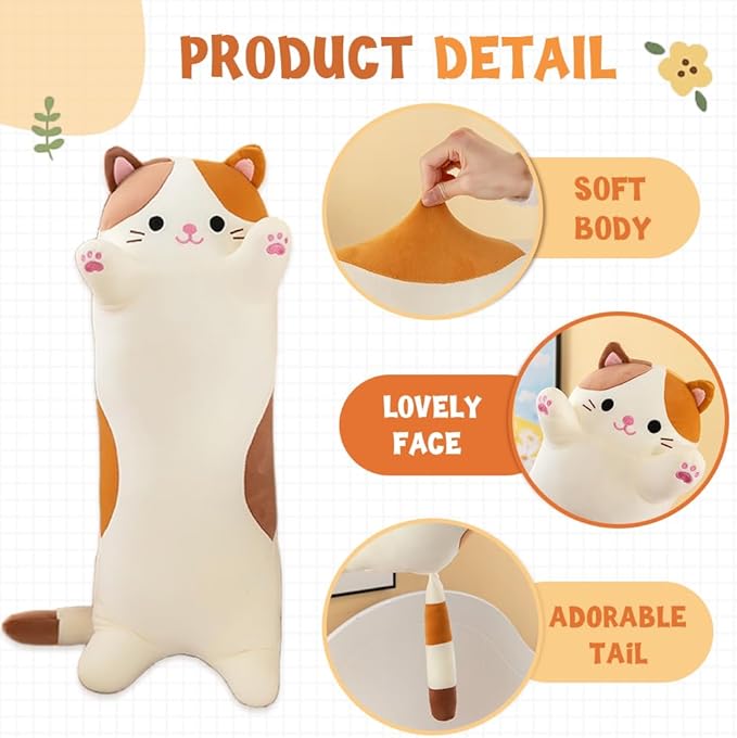 Cat Plush Stuffed Animals Cute Long Cat Body Pillow Plushies Soft Huggable Kitty Pillows for Girls Kids Adults Cat Lovers (New Gray, 27inch)