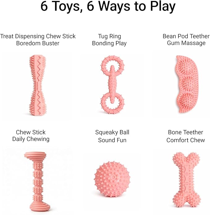 Puppy Chew Toys 6 Pack, Soft TPR Teething Toys for Puppies 2–10 Months, BPA Free Non Toxic Set with Treat Dispensing Stick, Tug Ring & Squeaky Ball for Small Medium Dogs (Pink)
