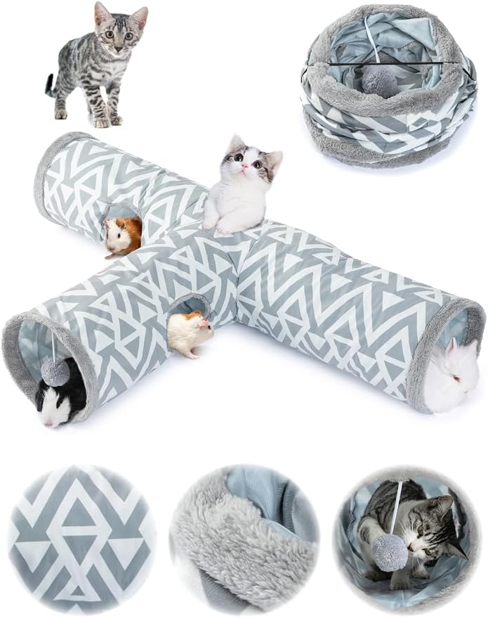 JanYoo Plush Rabbit Hideout Bunny Tunnel and Tube 3 Ways Guinea Pig Tunnel | 47'' Collapsible Cat Toys with Interactive Ball for Indoor Kittens Rabbits Ferret Guinea Pigs Pet Accessories