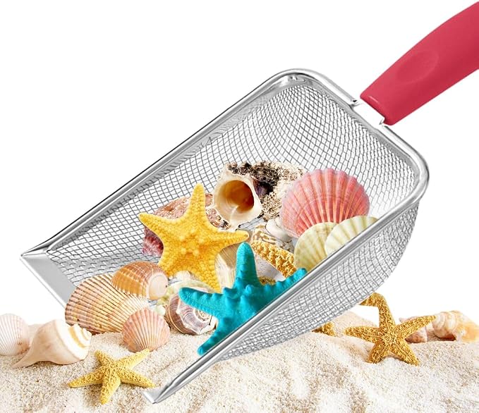 Beach Mesh Shovel, Shark Tooth Sifter Dipper for Shell Collecting, Kids Filter Sand Scooper for Picking Up Shells - Beach Snow Toys for Kids (Red)