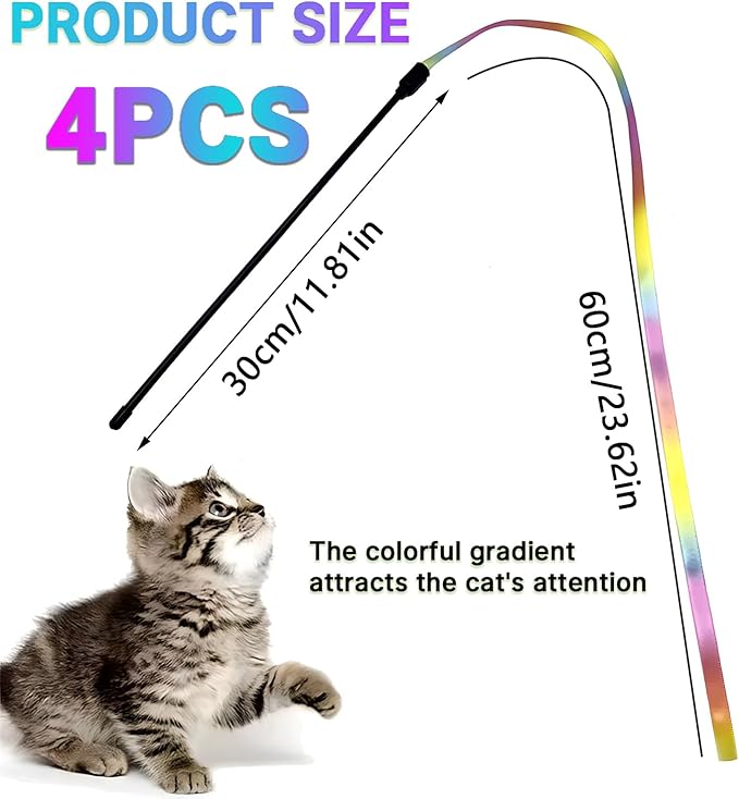 4 Pcs Cat Wand Toys,Interactive Cat Teaser Wand String for Most Cats and Kittens