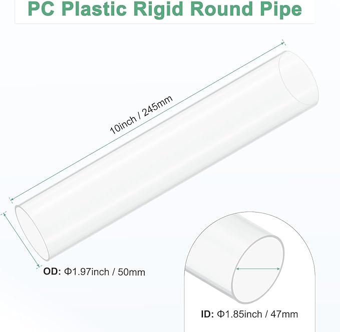 M METERXITY 1-Pack Clear Plastic Tube, 47mm[1.85"] ID x 50mm[1.97"] OD High Impact Rigid Polycarbonate Round Pipes for Water Plumbing/Lighting/Aquariums/Models, Plastic Tubing [245mm/10IN]