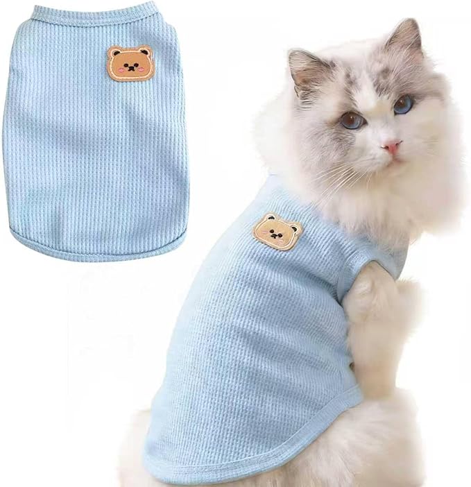 Waffle Knit Cat & Dog T Shirt for Small Dogs, Stretchable Puppy Shirt for Sphynx Cats & Small Breeds, Pet Clothes | Breathable Summer/Winter Apparel for Newborn(Blue X-Large)