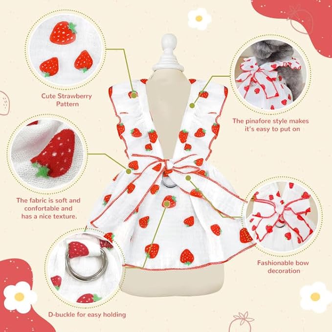 Dog Dresses for Small Dogs Girl Female Clothes Cat Clothes Cat Dress Cute Cotton Extra Summer Bow Decor Printed Strawberry Dog Birthday Outfit Small Puppy Clothes White XS