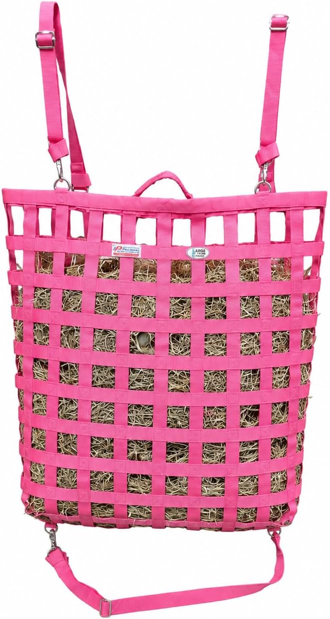 Tahoe Patented 4-Sided Slow Feed Hay Bag with Super Tough Bottom – 2"x2" Openings, Easy-Fill Plastic Ring Top, Holds 4 Flakes, Reinforced Nylon, Dust-Draining Design, 1-Year Warranty