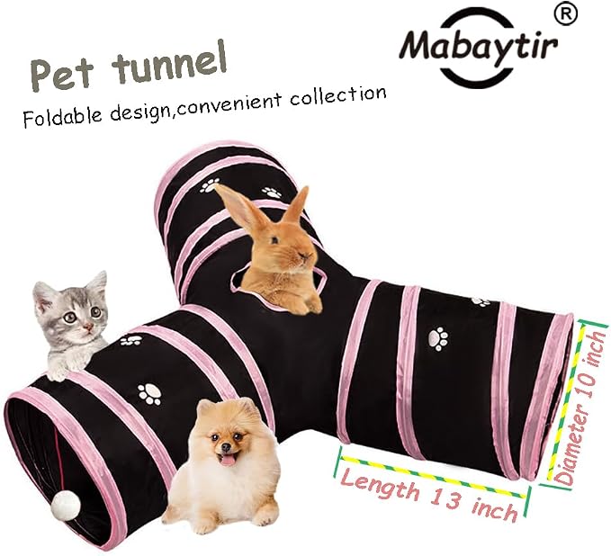 3-Way Collapsible Cat Tunnel Tube Toy Black Pink Paws — Interactive Play Tunnel with Hanging Ball & Peek Hole for Indoor Cats, Kittens, Puppies & Rabbits | Hours of Fun & Exercise
