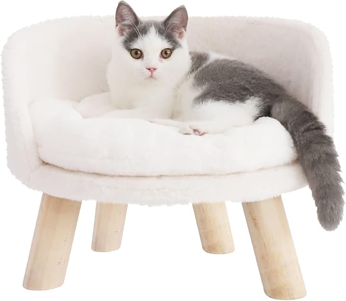 Elevated Dog Bed: Cat Bed for Indoor Cats with Cozy Pad Waterproof - Nordic Cat Stool Chair with Sturdy Wood Legs Anti Slip for Puppy Kitten