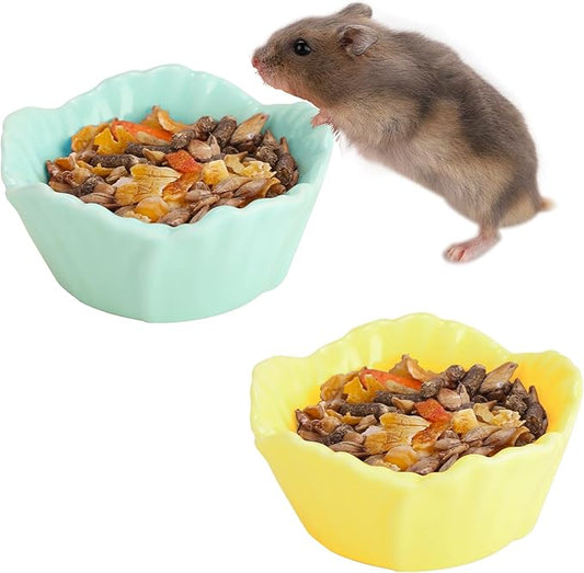 VanEnjoy 2 Pack Ceramic Guinea Pig Food Bowl Cute Flower Hamster Cage Accessories for Chinchilla Hedgehog Yellow and Green Small Animal Water Dish