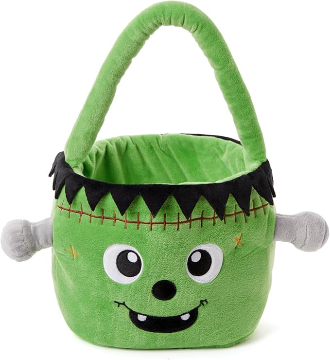 Halloween Plush Treat Basket, Halloween Candy Basket, Trick-or-Treat Bag (Green Frankenstein)