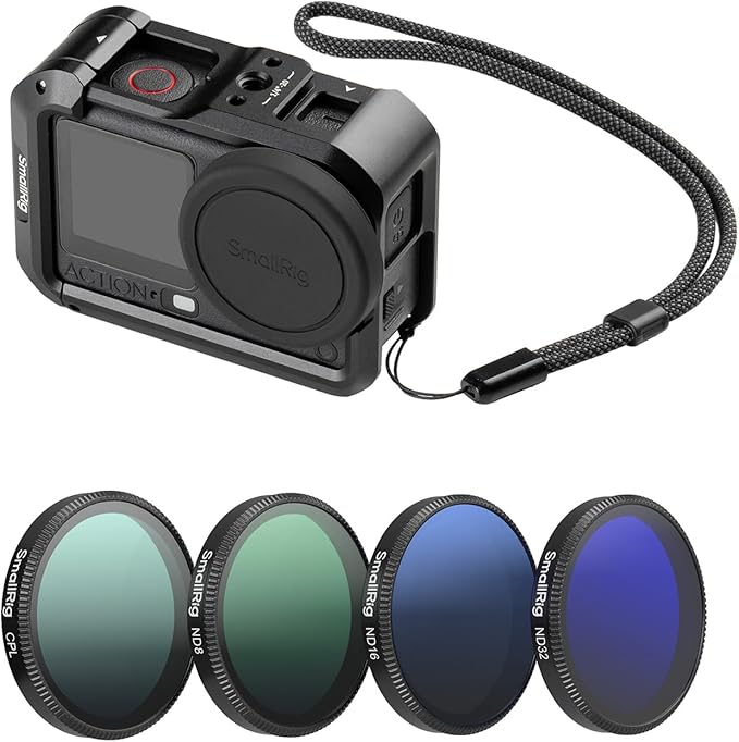 SmallRig Cage for DJI Osmo Action 6 with ND Filter Kit, 4 Pack CPL ND8 ND16 ND32 Snap-On Polarizing Neutral Density Filters, Aluminum Alloy Camera Cage with Cold Shoe, Wrist Strap, Lens Cover - 6374