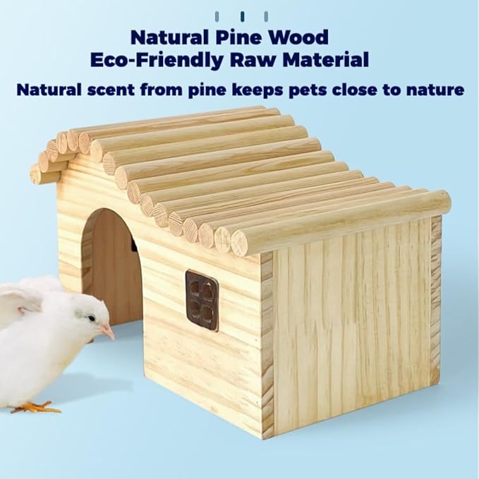 Hamster Wood Hideout Hut with Window Small Animal Wooden House for Rat Sugar Glider Gerbil Syrian Hamster Button Quail (Medium)