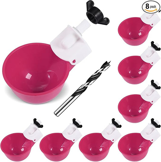 Chicken Waterer Cups (8 Pack/Purplish Red) - DIY Automatic Large Chicken Water Feeder for Ducks,Chicks, Turkeys, Quail, Bunny, Bird and Other Various Poultry Dispenser with Matching Drill
