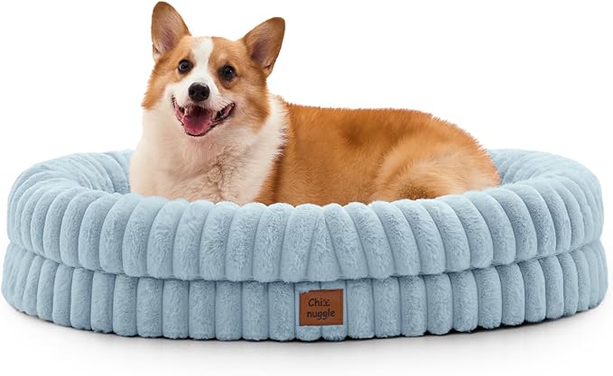 ChiXnuggle Dog Bed Large Sized Dog - Luxury Striped Faux Fur Waterproof Pet Couch with Removable Washable Cover, Orthopedic Pet Bed with Bolster Sides for Sleeping, Light Blue