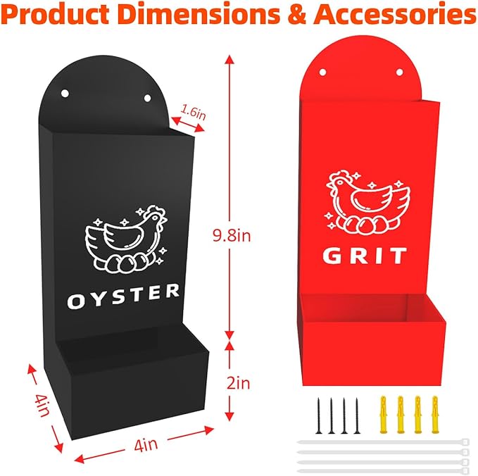Chicken Oyster Shell Grit Feeder Coop Accessories Automatic Metal Hanging Gravity Poultry Supplies Automatic Suitable for Quail Pigeons Chicken No-Waste Design Easy to Install and Clean 2 Pack