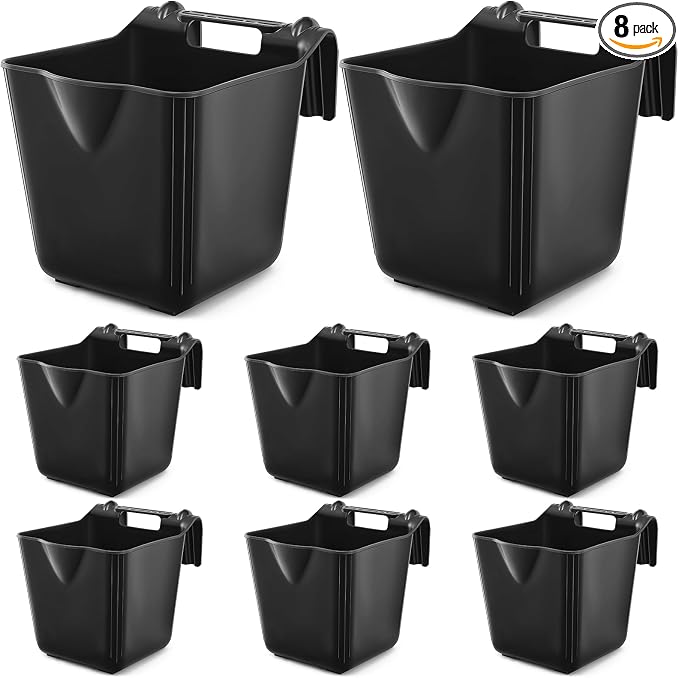 Marsui 8 Pcs 15 Quart Horse Feeders for Stall Hook Over Hanging Fence Hay Feeder Mountable Livestock Plastic Feed Bucket for Farm Stalls Pasture, Stable to Feed Horses Sheep Cattle Cows Etc (Black)