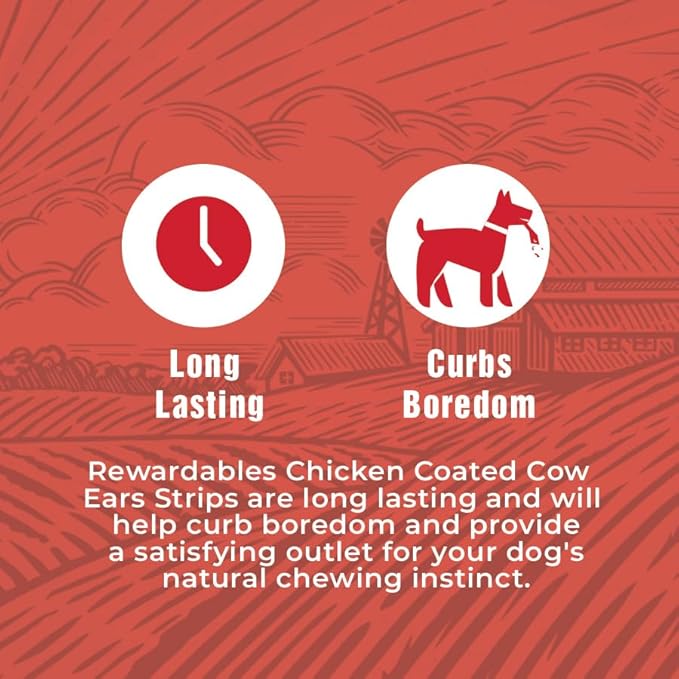 Rewardables Chicken Coated Cow Ear Strips for Dogs — Natural Long Lasting Dog Chews, No Artificial Flavors or Colors, 1 lb Bag — Satisfying for Moderate to Aggressive Chewers