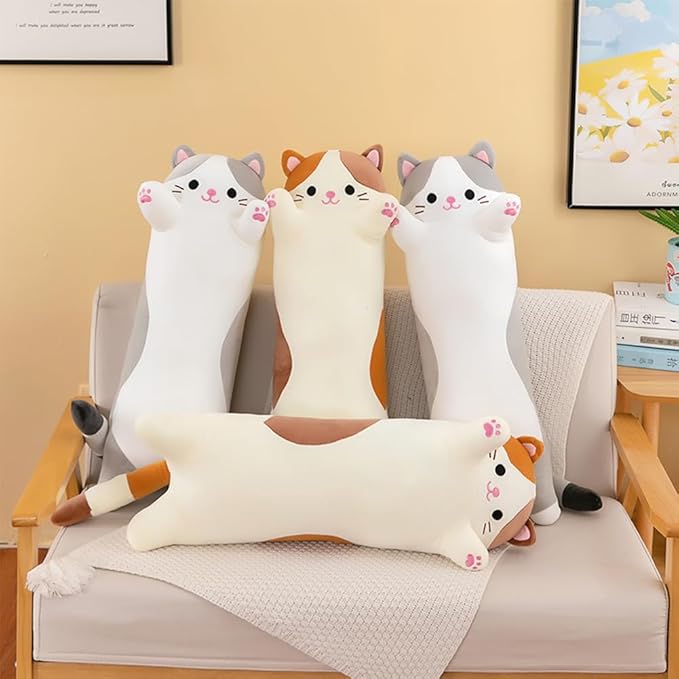 Cat Plush Stuffed Animals Cute Long Cat Body Pillow Plushies Soft Huggable Kitty Pillows for Girls Kids Adults Cat Lovers (New Gray, 27inch)