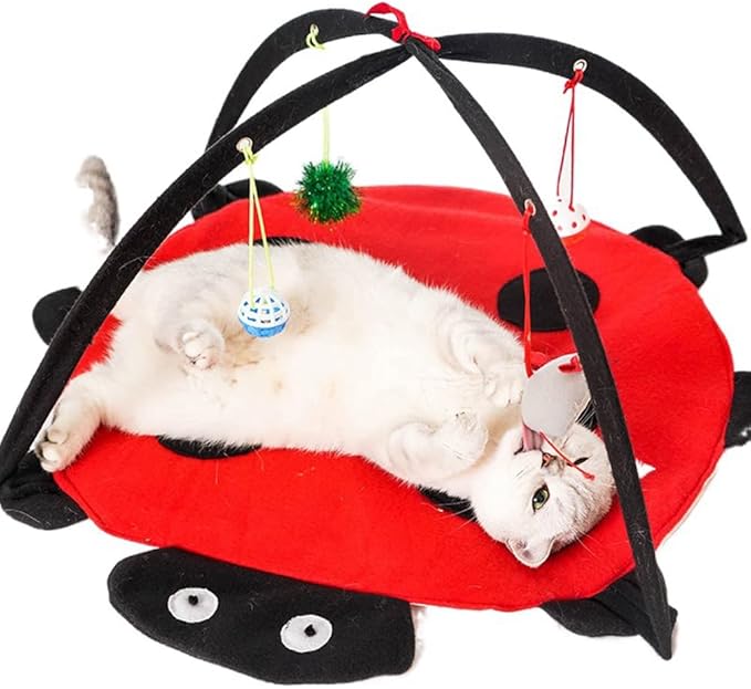 Ferret Play Mat - Foldable Fleece Activity Center with Hang Toys Balls Mice Small Animal Interactive Mat Tent Toy for Exercise Napping (Ladybug)