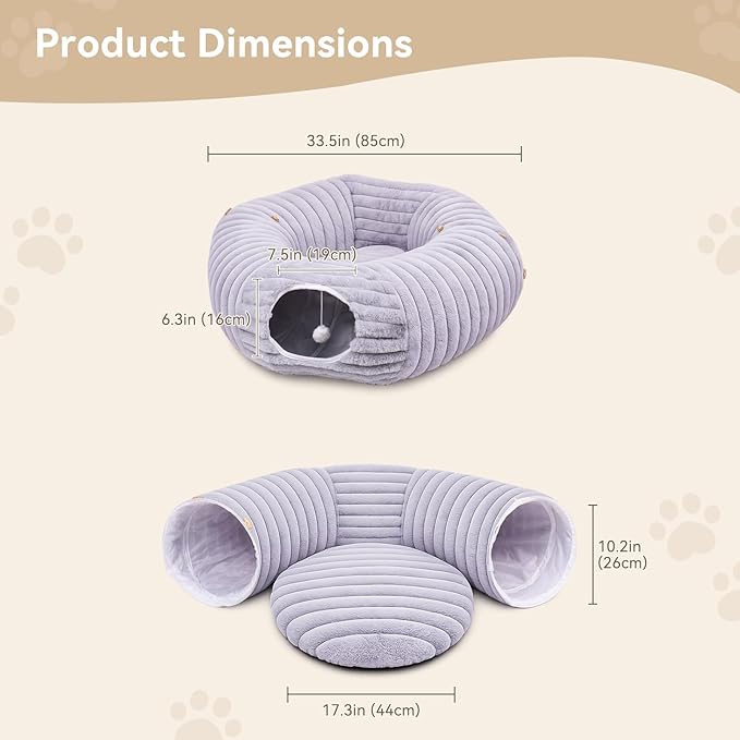 Cat Tunnel Bed, Peekaboo Hideaway Cave for Indoor Cats, Machine Washable Kitten Bed, Cat Donut, Dachshund Tunnel Bed for Small Dogs, Upgraded Striped Hare Feel Fabric (Grey)
