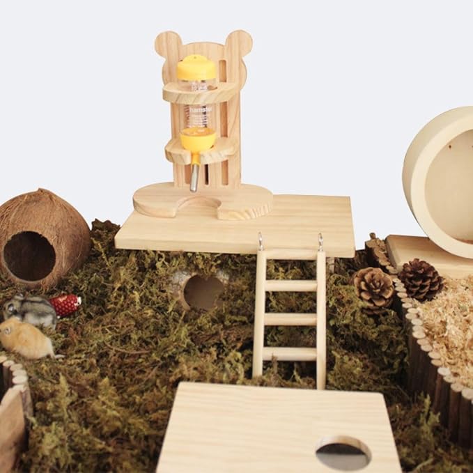 Hamster Water Bottle with Wooden Stand No Drip Water Bottle Leakproof Guinea Pig Water Bottles Small Animal Water Dispenser/Feeder for Hamster Guinea Pig Gerbils Mice Rabbit (with Feeder)
