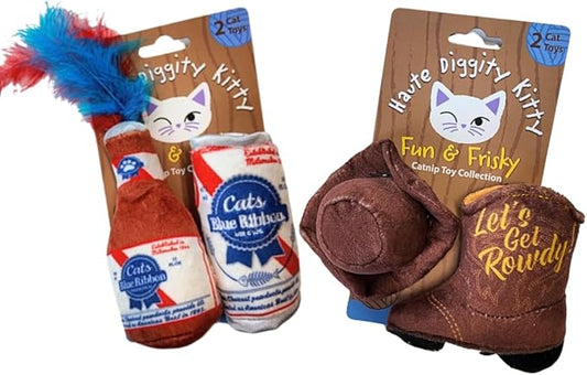 Haute Diggity Kitty Cats Blue Ribbon + Kitty Cowboy Set, Plush Cat Toys Catnip Filled with Interactive Crackle Sound, Safe & Durable Toys for Cat & Kitten, 4 Pcs