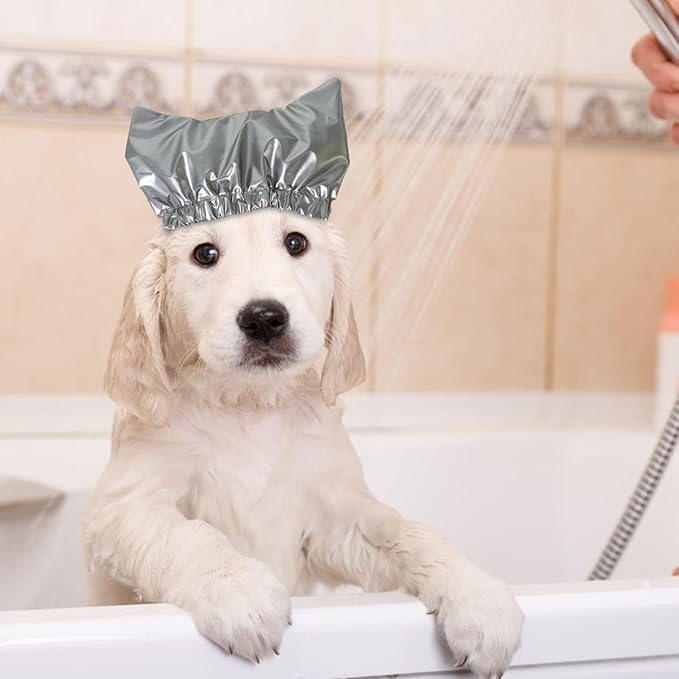 Pet Shower Cap Waterproof Reusable Bath Ear Covers with Adjustable Strap Cat Dog Bathing Hat for Ears Protection Elastic Headgear for Cat Dog Kitten Puppy (Silver,S (10.2''-12.6''))
