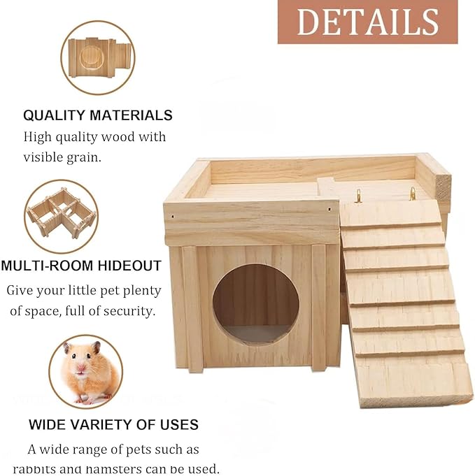 Wooden Hamster Hiding Place with Hamster Bowl Ladder and Detachable Platform, Suitable for Small Pets, Perfect for Hamsters, Rats, sandmice, mice and Other Small Animals