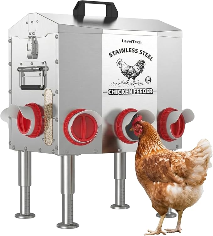 Large Automatic Chicken Feeder, 55 lb Capacity, 8 Feeding Ports, Upgraded Stainless Steel Poultry Feeder, No-Waste Design, Adjustable Legs & Lockable Lid for Coop, Ducks & Turkeys