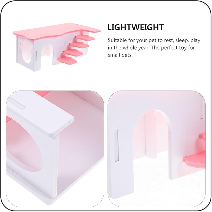 Beaupretty Hamster House Ladder 10.62In Multi-Level Wooden Platform Small Pet Hideout Toy for Hamsters Guinea Pigs Pink Cage Accessory