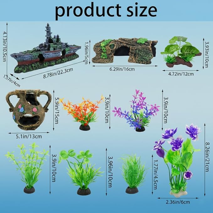 Aquarium Artificial Plastic Plants Decorations and Sunken Ship Set Goldfish 14 PCS Large Fish Tank Accessories Goldfish Betta Tank Decor