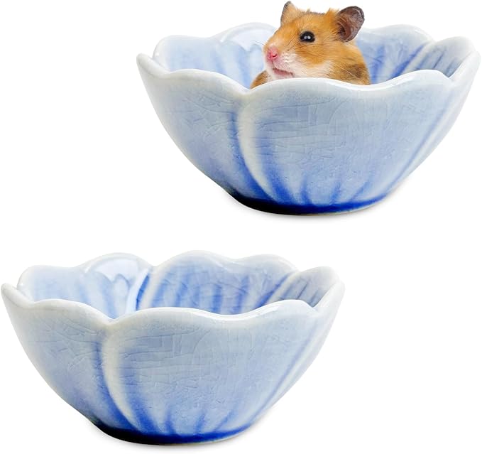 BNOSDM 2 Pcs Hamster Ceramic Food Bowl Flower Series Gerbil Drinking Bowls Anti-Turning Food & Water Dish for Dwarf Syrian Hamsters Gerbil Chinchilla（Blue, Narcissus Pattern）