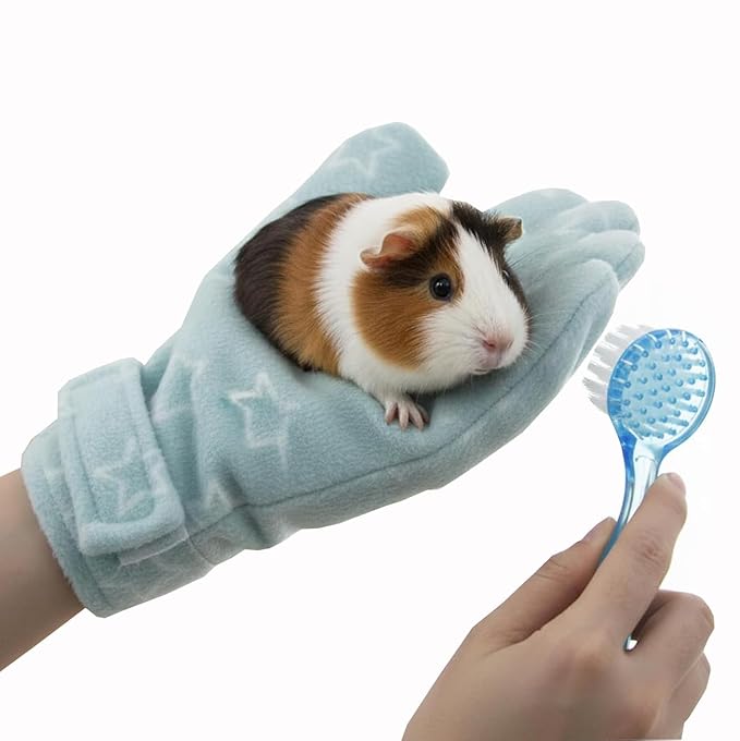 1Pcs Bite-resistant Gloves Adjustable Hamster Bite Proof Glove and Grooming Brush Set Soft Cleansing Brush Massage Combs, Guinea Pig Brush, Hamster Care Set for Hamsters, Ferrets, Hedgehog (Sky blue)