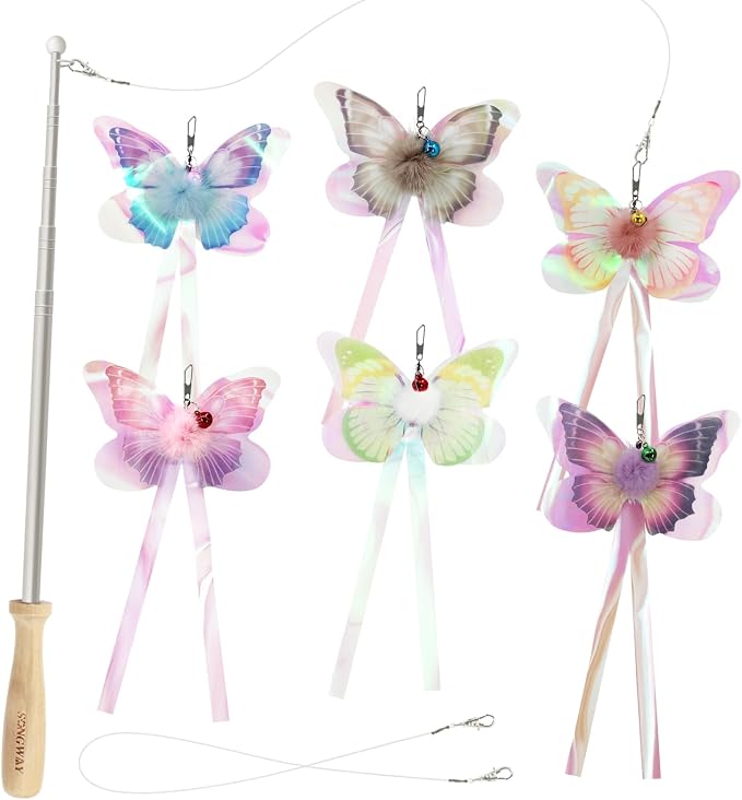 SONGWAY Cat Butterfly Toys Wand - 7 Pieces Cat Toy Set, Retractable Cat Wand with 6 Butterfly Cat Toys Replacement with Bells, Interactive Cat Toys for Indoor Cats Kittens