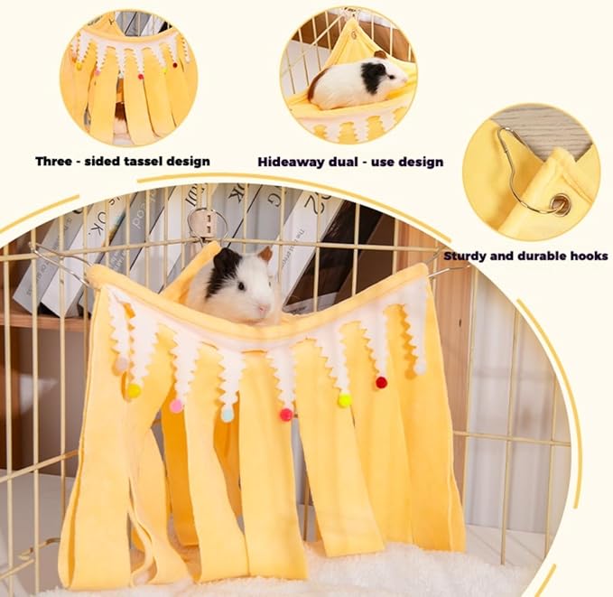 Guinea Pig Corner Hideout, Small Animal Hideout Hammock, Ferret Cage Accessories Cute Hammock, Soft Hanging Fleece Toy for Hamster, Bunny, Chinchilla, Hedgehog (Yellow,Small)