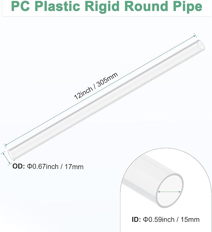 M METERXITY Clear Plastic Tube, 15mm[0.59"] ID x 17mm[0.67"] OD High Impact Rigid Polycarbonate Round Pipes for Water Plumbing/Lighting/Aquariums/Models, Plastic Tubing [305mm/12IN]