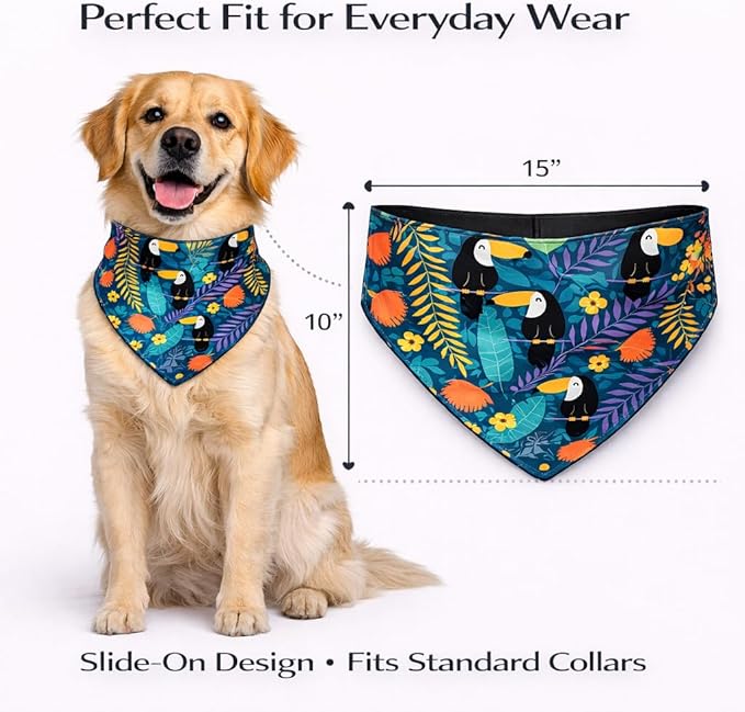 Luxury Satin Dog Bandana – Slip-On Collar Style, Premium Pet Scarf for Medium, Large & XL Dogs – Special Occasion Accessory (Collar Not Included) (Medium - Extra Large, Toucan (J) Luxe - Satin)