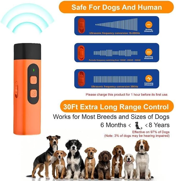 Professional Sonic Emitters Dog Training Tool Dog Bark Deterrent Device with LED Flashlight, 30ft Range Anti Bark Barking Dog Silencer,Rechargeable Portable Dog Barking Stopper