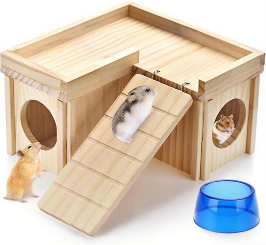 Wooden Hamster Hiding Place with Hamster Bowl Ladder and Detachable Platform, Suitable for Small Pets, Perfect for Hamsters, Rats, sandmice, mice and Other Small Animals