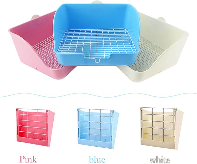 Rabbit Litter Box for Cage Guinea Pig Hay Rack Feeder Rabbits Corner Litter Pan Potty Trainer Pet Toilet Square with Cleaning Set for Hamster, Guinea Pig, Ferret, Bird (White)