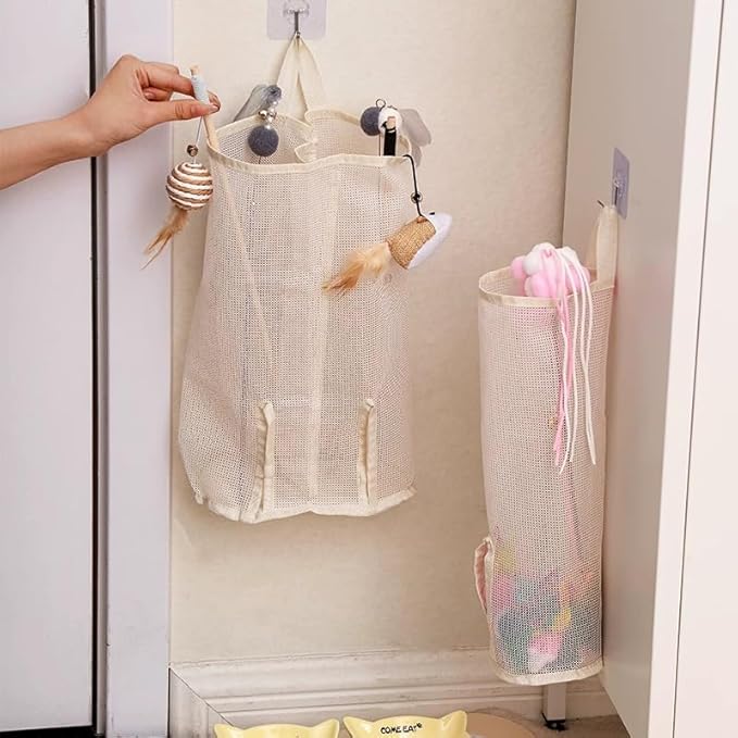 Cat Wand Toy Storage Organizer, Wall Mounted Mesh Holder for Cat Toys, Space-Saving with Adhesive Hooks (Single Compartment)