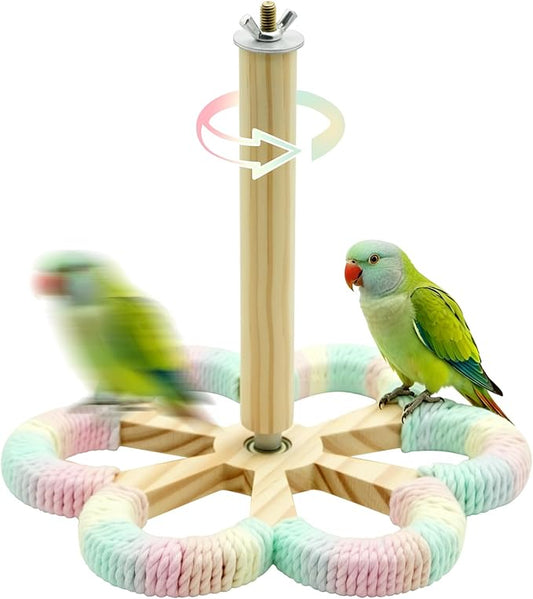 Parakeet Toys & Bird Perch - Rotating Stand with Chew Ball, Bird Cage Accessories for Small & Medium Birds Parakeets Cockatiels Lovebirds Conures Budgies (Rainbow)