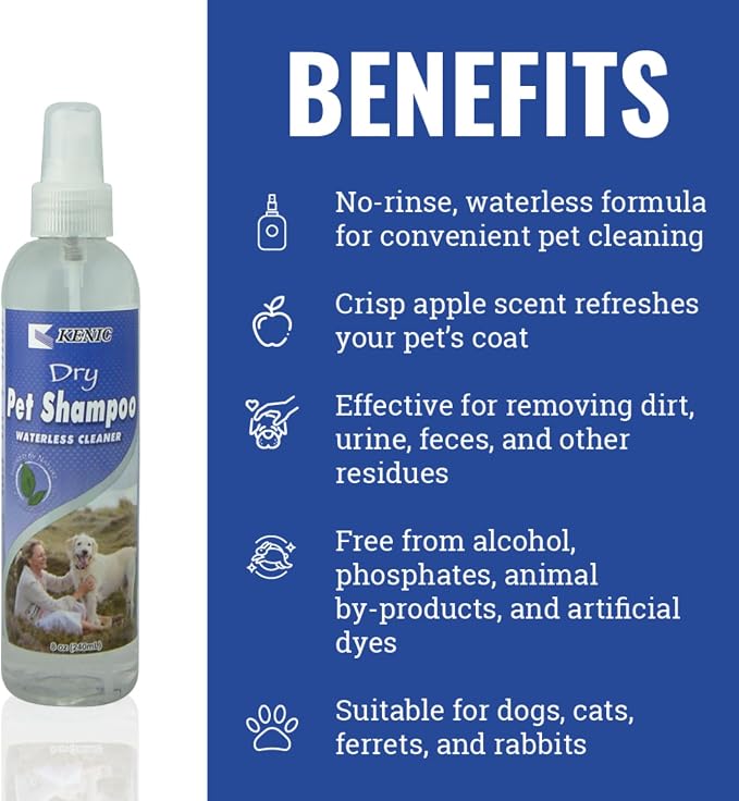 Kenic Refreshing Apple-Scented Pet Dry Pet Shampoo Spray Cleanser for Dogs, Cats, Ferrets & Rabbits, Spot Clean Spray, No Rinse Formula, 8oz
