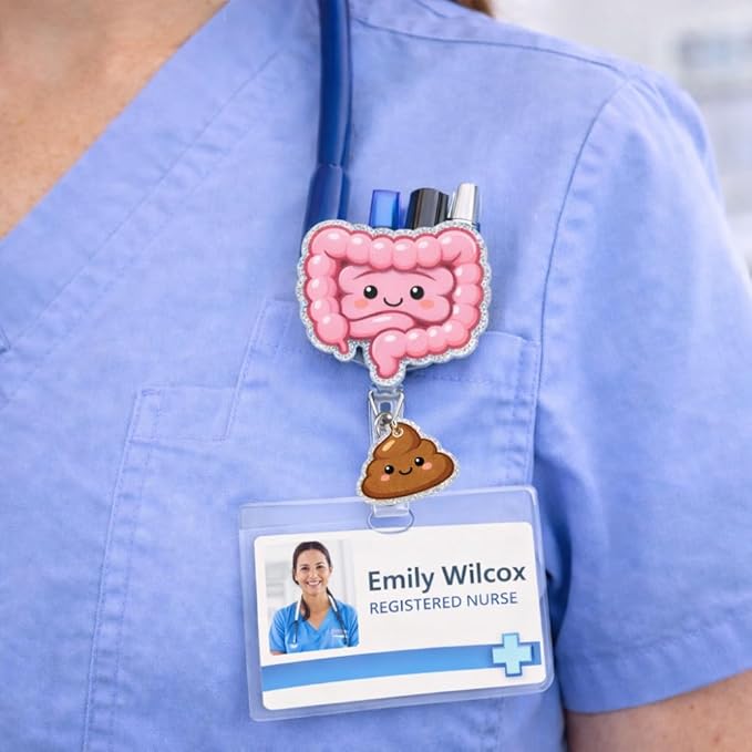 Intestines and Poop Badge Reel Funny Colon Anatomy Humor Hospital Clinic ID Name Holder with Retractable Clip Gift for Gastroenterology Gastro Nurse Medical Assistant Endoscopy RN Healthcare Workers