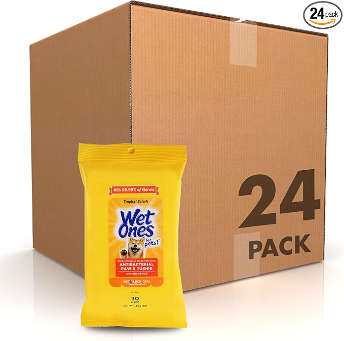 Wet Ones for Pets Paw and Tushie Dog Wipes with Chamomile, Tropical Splash Scent - Cleansing Grooming Wipes for Dog Paws and Butt Between Baths, Wet Lock Seal, 30 Count - 24 Pack