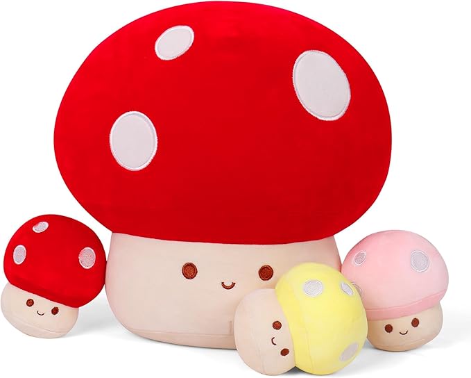 WeBingo Mushroom Plush Pillow 4-Piece, 12 Inch Large Mushroom Decor Stuffed Animal Plushies Stuffy with 3 Babies for Girl Boy Kid Adult, Big Jumbo Soft Toy Gift for Birthday Christmas Valentine's Day