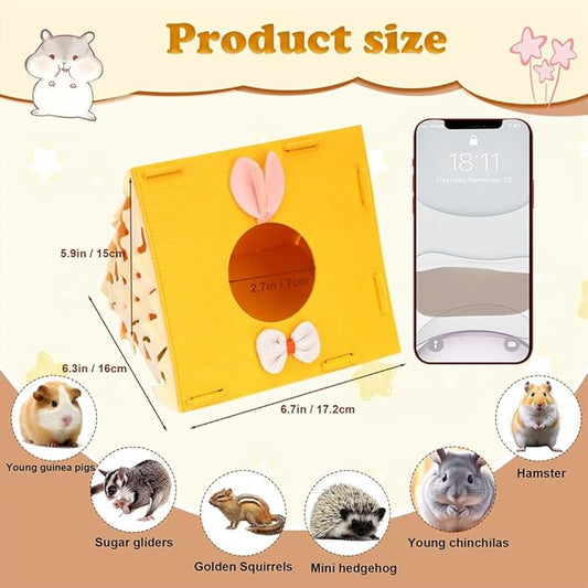 Hamster Hideout Tent (7"×6.5"×5.7") - Hamsters Hut with Bunny Ears, Tassel Curtain & Breathable Mesh - Small Pet Sanctuary for Hamsters,Young Guinea Pigs, Sugar Gliders