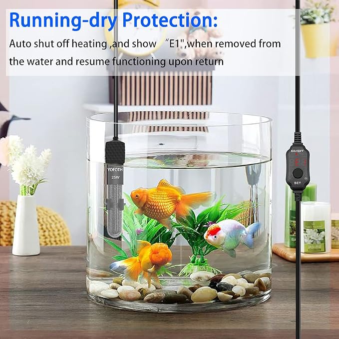 YOFOTHS Adjustable Mini Aquarium Heater3-5 Gallons Submersible Small Fish Tank Heater 25W Digital Display Thermostat External Temperature Controller (25W)